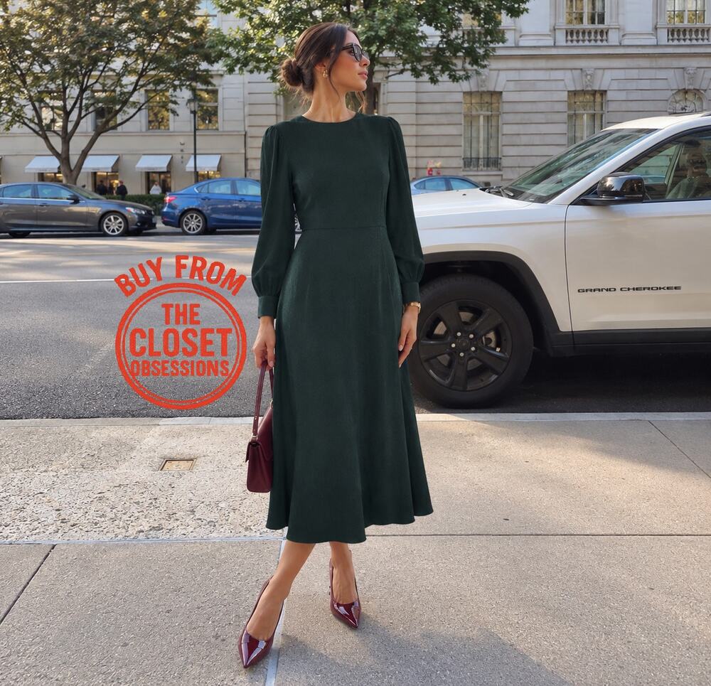 Zara NWT Green Long Sleeve Fit Flare Midi Dress M XL